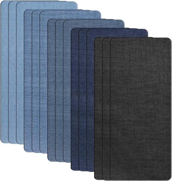 15 strygelapper, stort lappekit 28×12,5 cm, denimstof