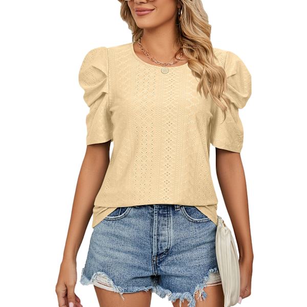 Kvinnors Kortärmad Blus Rund Hals Plisserad Pile Ärm Enfärgad Mönster Snygg Elegant Mångsidig Sommar Casual Skjorta Gul XXL