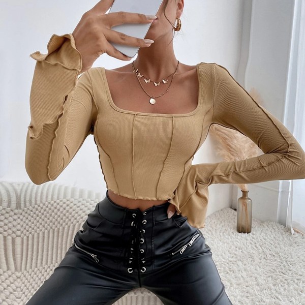 Høst Kvinners Langærmet Crop Top Tee Firkantet Hals T-skjorte Solid Asymmetrisk Bluse Rynket Ribbet Strikket Gå Ut Topper