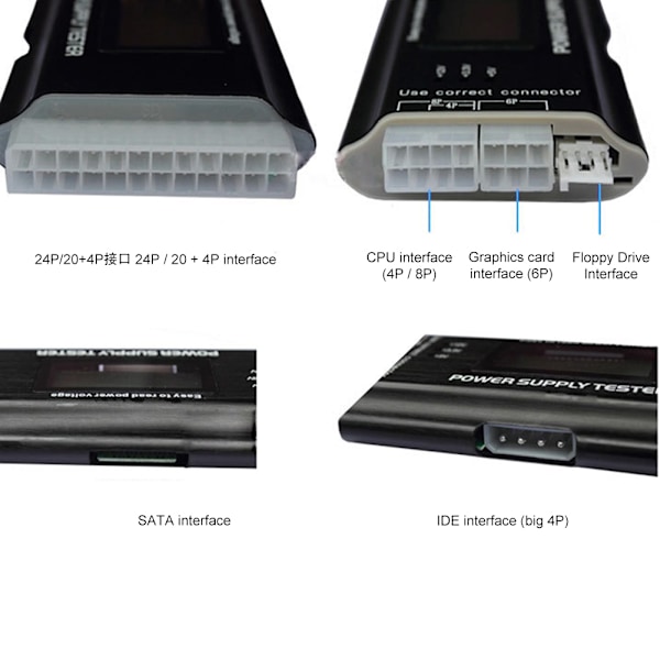 Strömförsörjningstestare för dator med LCD-display, aluminiumlegering, stöd för 20/24-stifts ATX SATA