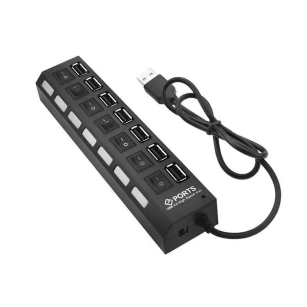 Multi Port Splitter, 7 Port USB 2.0 Hub, USB A Port Data Hub med oberoende på/av-brytare och LED-indikatorer, lampor för bärbar dator, PC, dator,