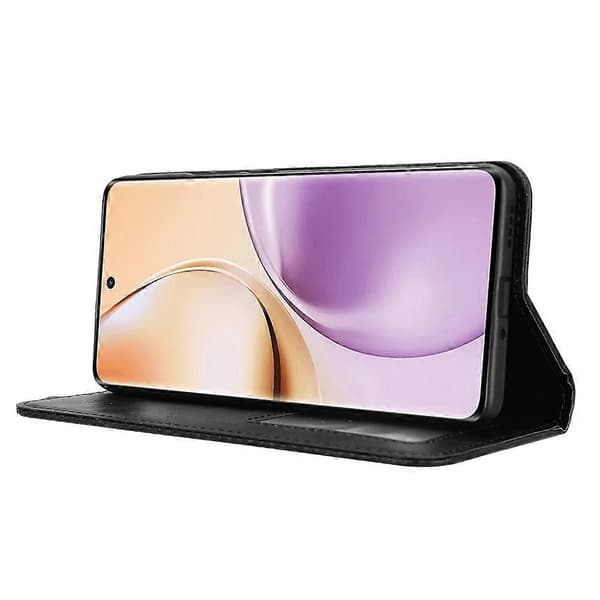Pungcover til Realme 14 Pro 5G med stativ, retro tekstur læder telefoncover - sort (sort)