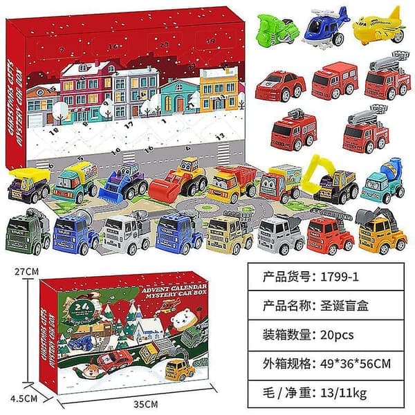 Julekalender, adventskalender til børn med 24 dages nedtælling Træk tilbage biler Legetøj Julenedtællingskalender Blind Box Gave til børn Drenge