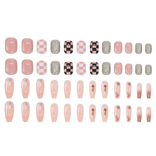 Två set med franska medium och långa nageldekorationer, färdiga nagelplåster, kompletterande nagelklisterverktyg