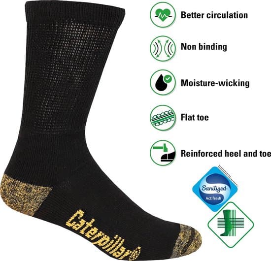 CAT Diabetic Work Socks 6-Pack, Non-Binding Cushioned Crew Socks with Reinforced Heel and Toe for Men, Black, Size 39-42
