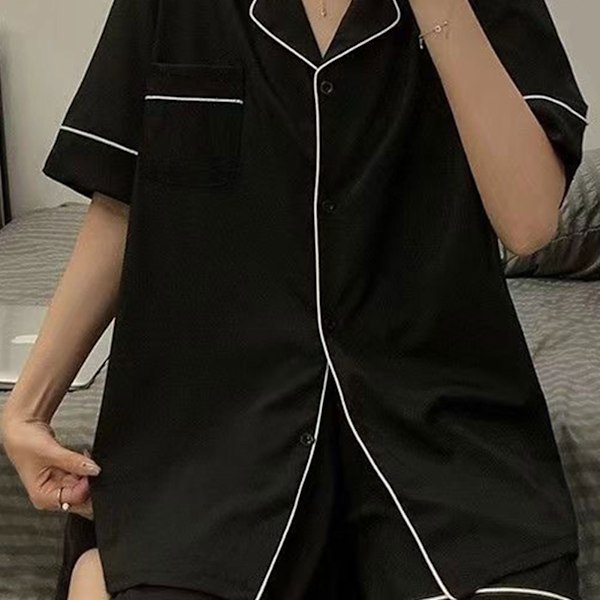 Dam Pyjamas Set Tvådelad Nattkläder Knappar Kortärmad Lounge Nattkläder för Sommar Svart XL