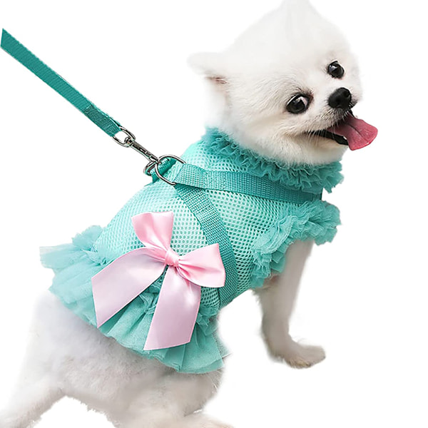 Liten hundsele och koppel set No Pull valp västar selar mjuk justerbar andningsbar mesh söt rosett husdjur hundsele klänning