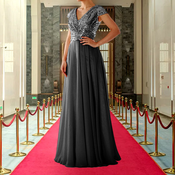 Kvindesexy Kortærmet V-hals Sequins Chiffon Patchwork A-linje Højtaljet Kjole Aften Formel Fest