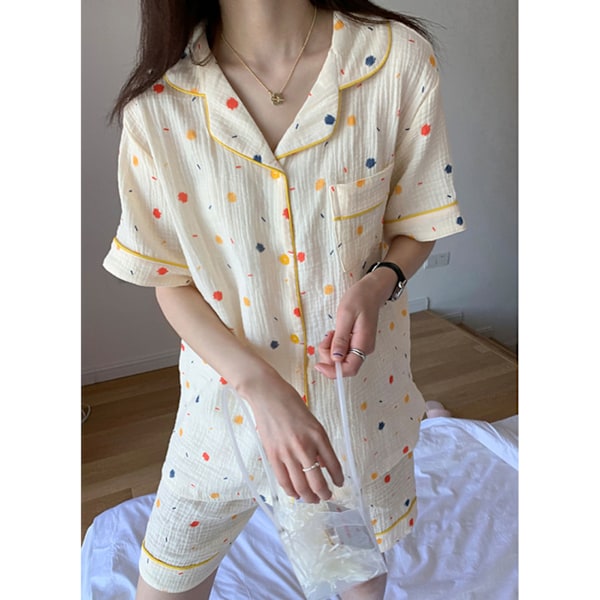 Kortärmade Pyjamas med Nedvikt Krage och Knappar, Lös Passform, Mjukt och Andningsbart, Damsovkläder Set för Sommar, Färgglada Prickar, XL