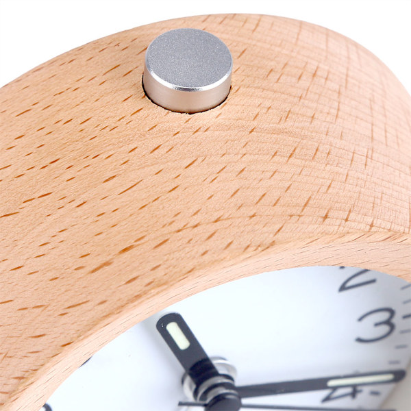 Rundt bordsklokke i træ med snooze-funktion og natlys