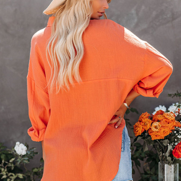 Kvinnors Knapp-Ner Långärmad Skjorta Mode Casual Lös Nedåtvänd Krage Ren Färg Dam V-Hals Långärmad Blus Orange L