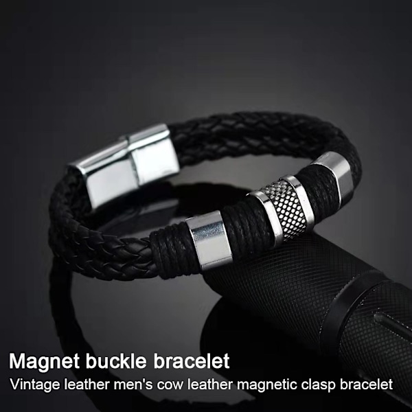 Armbånd til mænd i læder med sort magnetisk rustfrit stålspænde håndledsmanchet