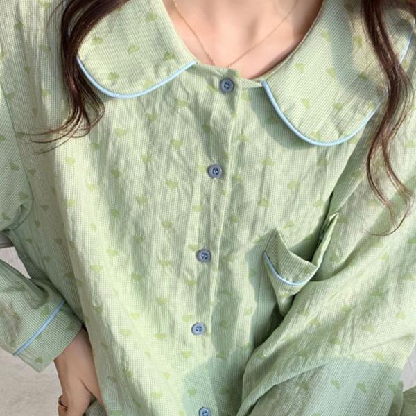 Dam Pyjamas Set med Långärmad, Söt Liten Grön Hjärtprint, 2-Delar, Sovrumsplagg för Höst/Vinter, Grön, Storlek L