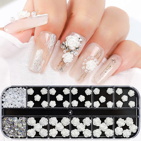 Vit ros Blomma Nagelberlocker 3D Akryl Rose Kawaii Söta Nagelberlocker Blandade Pearl Nagelkristaller Strasstenar Ädelstenar för Nail art DIY Alla hjärtans dag