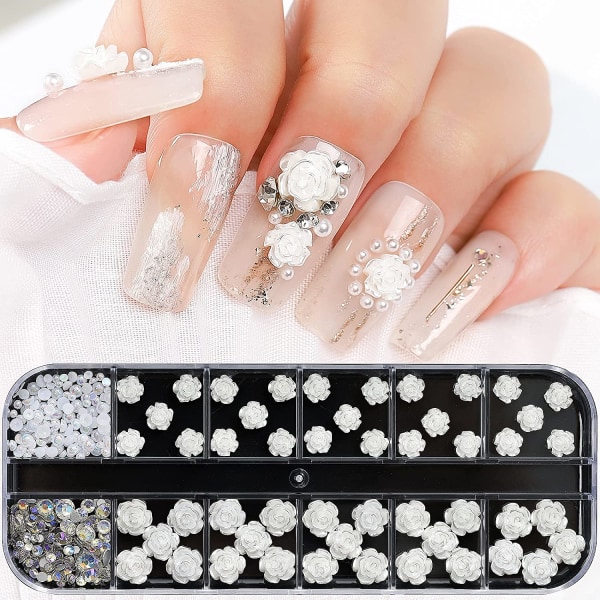 White Rose Flower Nail Charms 3D Akryl Rose Kawaii söt nagel