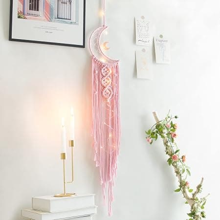 Rosa Måne Drømmefanger med Lys, Romdekorasjon, Boho Interiør, Vegg[TT]