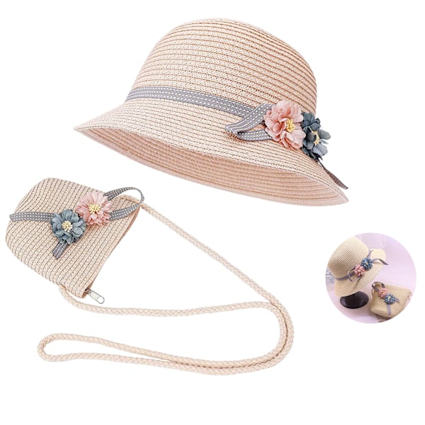 Hatt og liten veske sett for jenter, sommer solhatt med blomsterdekorasjon for ferie, reiser og utendørsaktiviteter