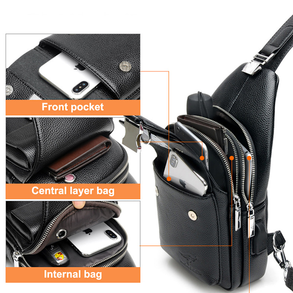Herrar Läder Sling Bag, Bröstväska, Axelväska, Crossbody Väska, Fritidsväska, Multifunktionell