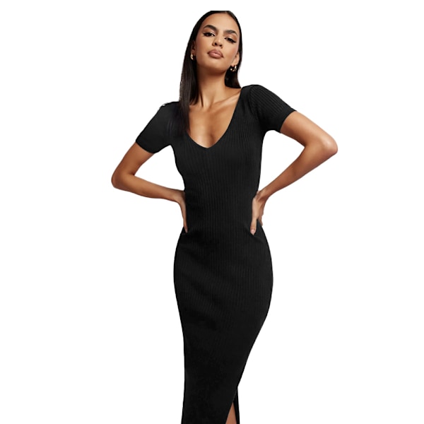 Kvindesort Side Split Dyb V-hals Bodycon Maxi Kjole Split Kort Ærme Aftenfest Lange Kjoler