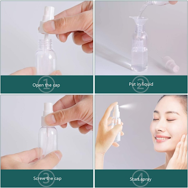 Sprayflaska, transparent luftdimma plast mini reseflaska set, liten påfyllningsbar vätskebehållare