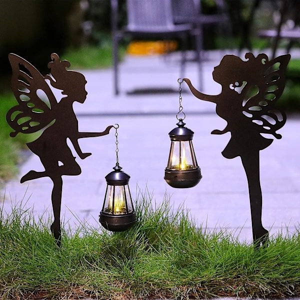 Solar Garden Stake Lights – 2-pack Metal Fairy Hängande lykta Solar Utomhus Trädgårdsdekoration Silhuett Ljus Stake Trädgård Dekorativ Stake