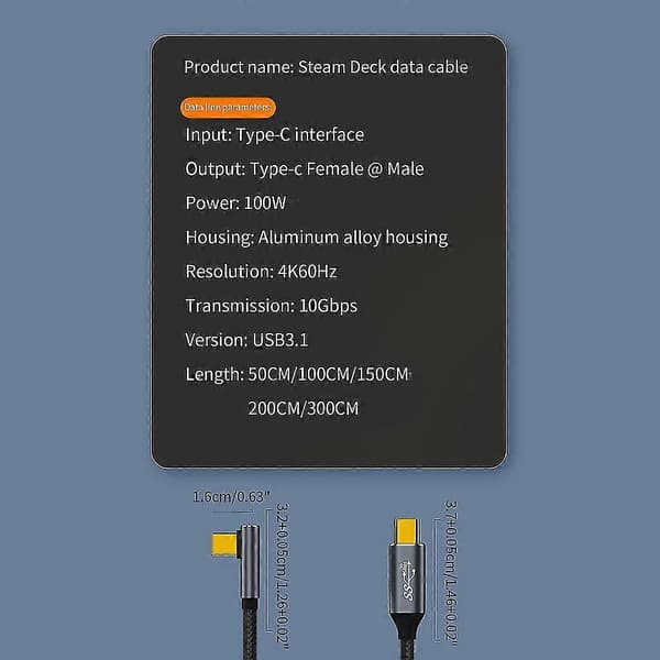 100W Power Delivery USB C til C Kabel 90 Graders Type-C 10Gbps Ladekabel 0.5m