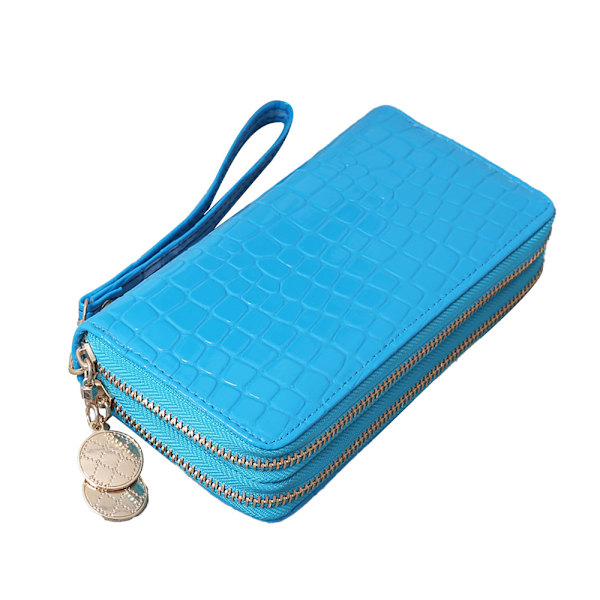 Lærveske med glidelås, stor kapasitet, kredittkortlomme, lang lommebok, clutch, håndleddsrem