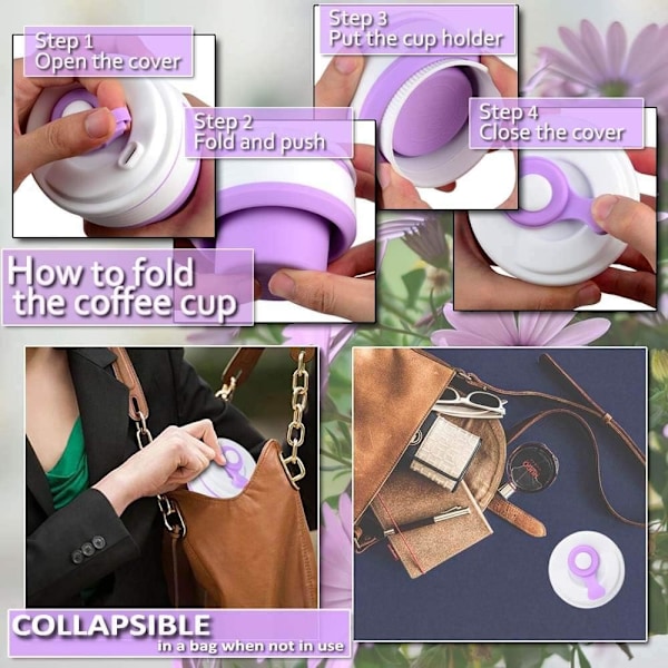 Hopfällbar Kaffekopp i Silikon med Lock, (350 ml Bärbar Återanvändbar Kaffekopp), Resefällbar Silikon Drickskaffekopp, Vikbar Kaffekopp