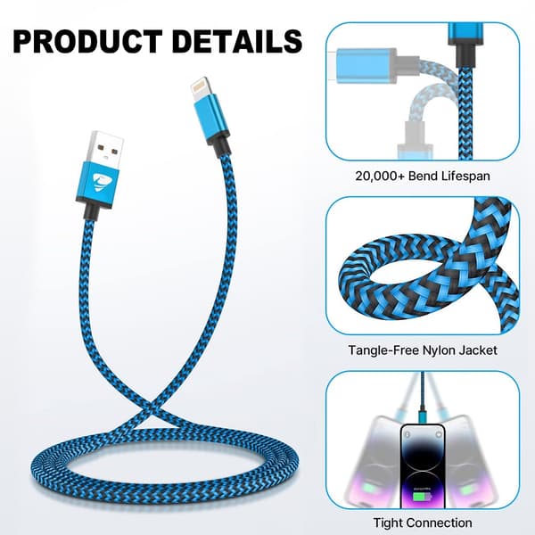 iPhone Ladekabel 2m 3-pakning, Lang iPhone Ladekabel, Farget Flettet USB iPhone Lightning Kabel for Rask Lading, Kompatibel