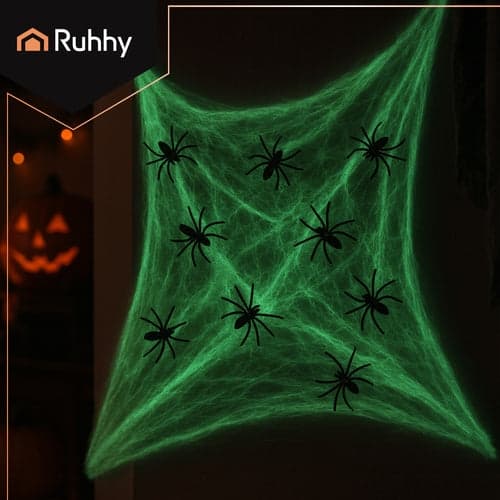 Selvlysende spindelvev Halloween-dekorasjon med 20 edderkopper 1000