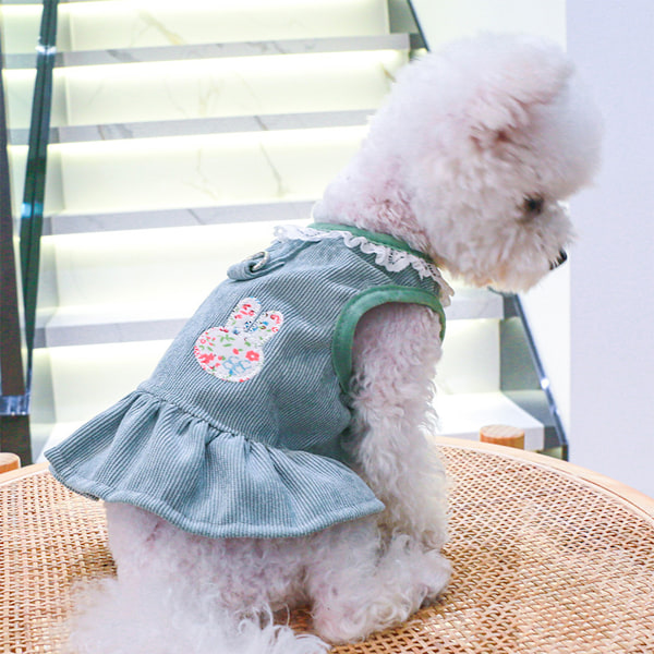 Hundseleklänning med D-ring Kaninlapp Spets Prinsessa Valp Klänning Kjol Höst Vinter Tjock Kordflöjel Semester Husdjurskläder Klänningar för Små Hundar Flicka