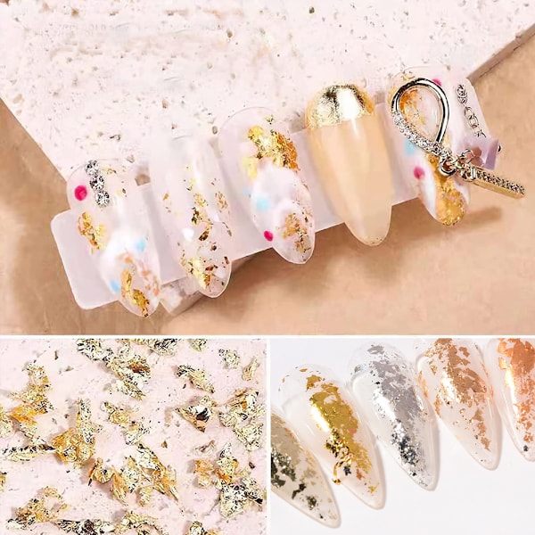 Nagelfolie 3D glänsande guldfärgad ark för nagelkonstdesign, nageltillbehör, guld- och silverfoliefragment