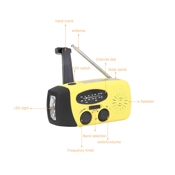 Handvevad Solradio Multifunktionell Nödradio LED-radio med Ficklampa för Utomhuscamping Gul Japansk