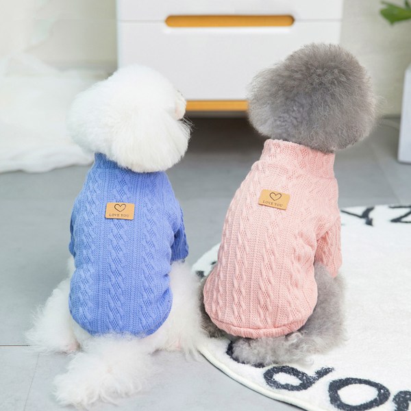 2 stk. Hundetrøje, Koldvejr Kabelstrikket, Klassisk Høj Hals Tyk Varmt Tøj (Lyseblå+Pink)