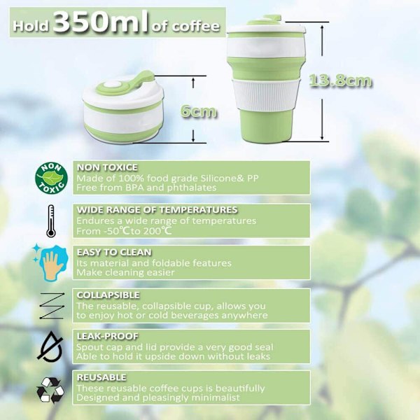Hopfällbar Kaffekopp i Silikon med Lock, (350 ml Bärbar Återanvändbar Kaffekopp), Resefällbar Silikon Drickskaffekopp, Vikbar Kaffekopp
