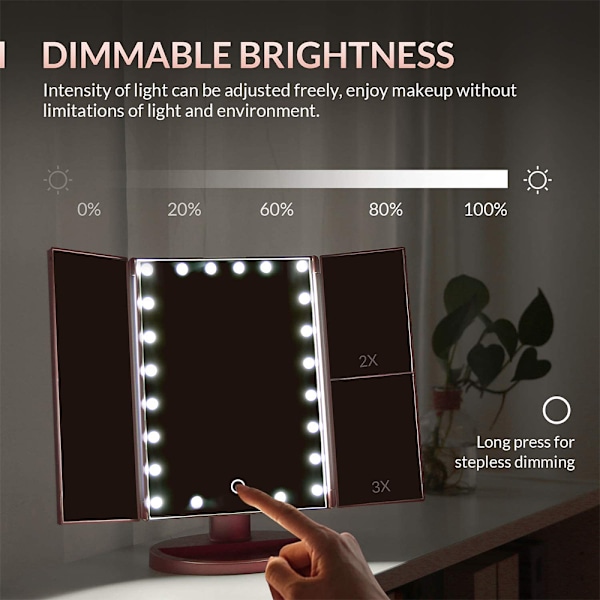 Sminkspegel med belysning 22 LED-lampor, 2X/3X förstoring, pekskärm, bärbar belyst sminkspegel 180 graders rotation