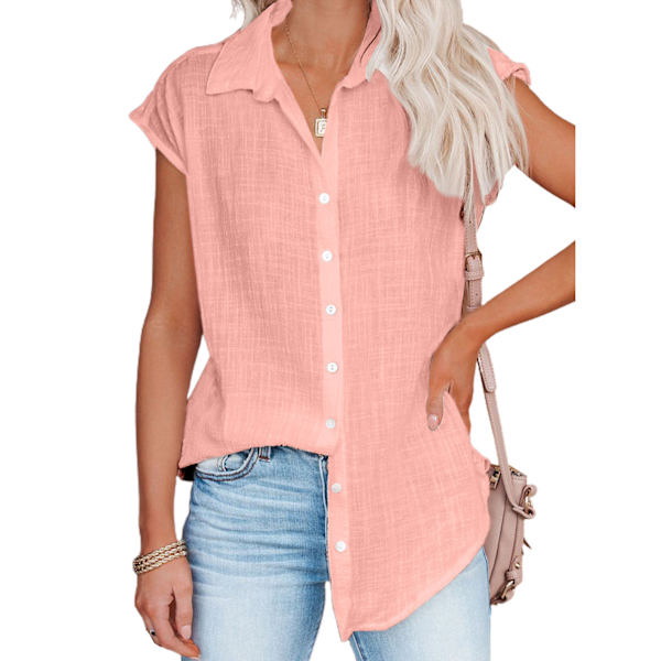 Kvinnlig Knapp-Up Skjorta Kortärmad Ren Ljus Färg Lös Casual Kvinna Kortärmad Blus för Utgång Kontor Fest Rosa M