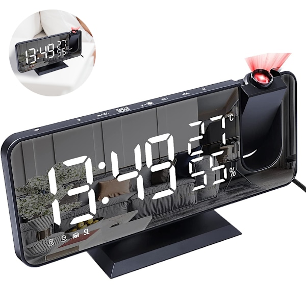 Projektionsväckarklocka för sovrumstak, digital väckarklocka med radio och USB-laddningsportar, LED-skärm, 4 dimmer, dubbel väckarklocka med