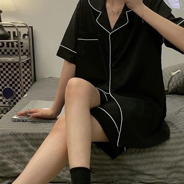 Dam Pyjamas Set Tvådelad Nattkläder Knappar Kortärmad Lounge Nattkläder för Sommar Svart XL