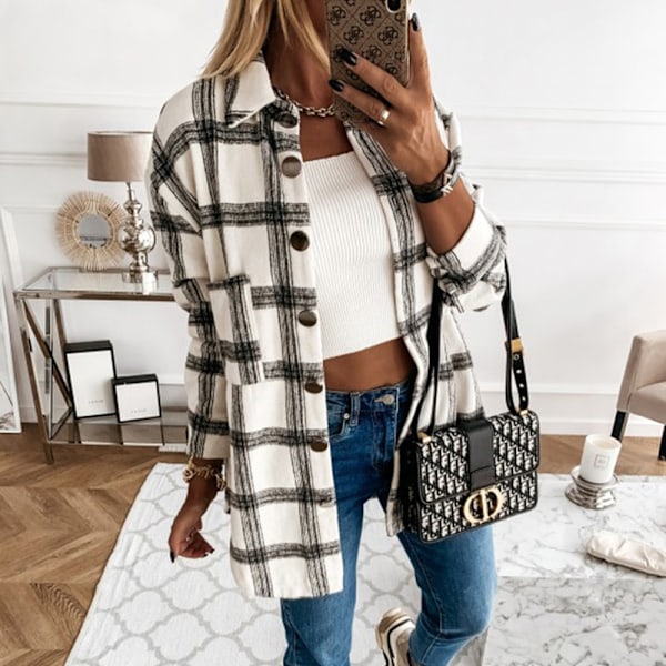 Naisten Ruudullinen Shacket-Takki Rento Napillinen Villasekoite Talvi Tartan Trench Takki Taskuilla (musta)