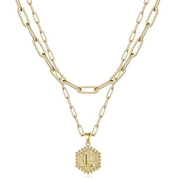 Dobbeltlags kravebenkæde med bogstavvedhæng til kvinder, gylden geometrisk choker