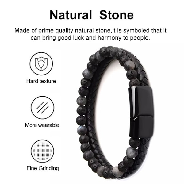 Läderarmband för män, Naturliga Pärlor, Stål och Läderarmband för Män Julgåva