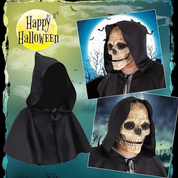 Halloweenkappe med hætte til voksne, sort kappe, Halloweenfestdekoration, trick-dekoration, halvkort kappe