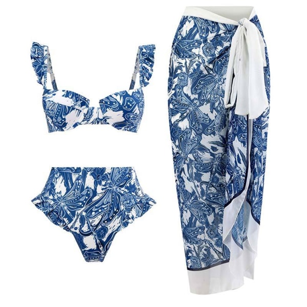 1 blue floral split three-piece women's slim retro print with a