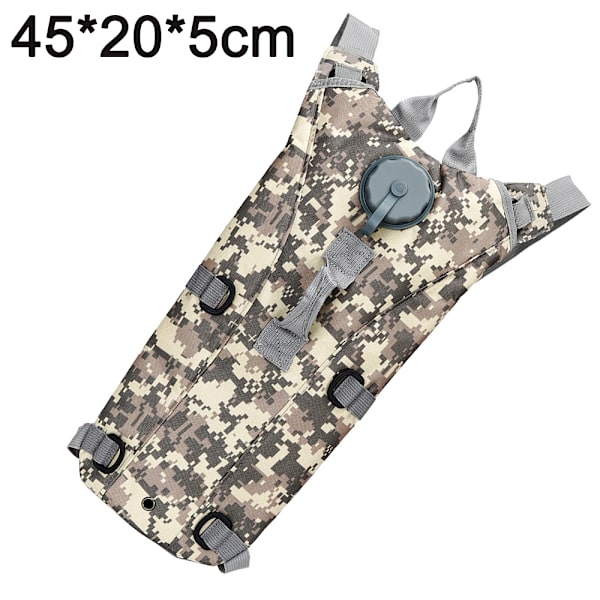 Ulkoilmakäyttöön tarkoitettu pyöräilyyn sopiva hydratointireppu, jossa on 3L:n vesipussi ja armeijan camouflage-kuviointi