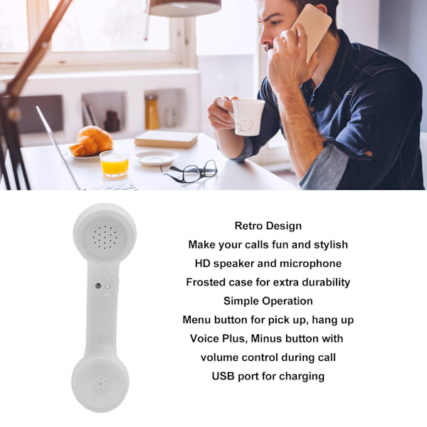 Bluetooth Telefonlurs Retro Strålsäker Laddningsbar Trådlös Mobiltelefon Lursmottagare Vit
