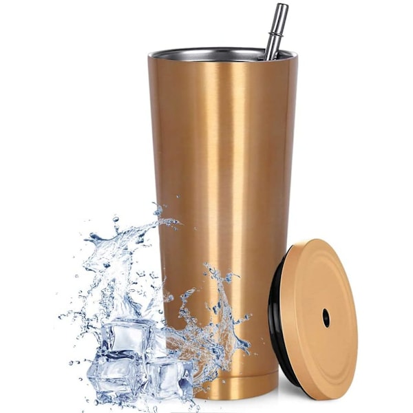 750 ml resekopp, dubbelväggig kopp i rostfritt stål, vakuumisolerad vattenflaska, isolerad vattenkaffekopp, dubbelväggkopp med sugrör, borste och