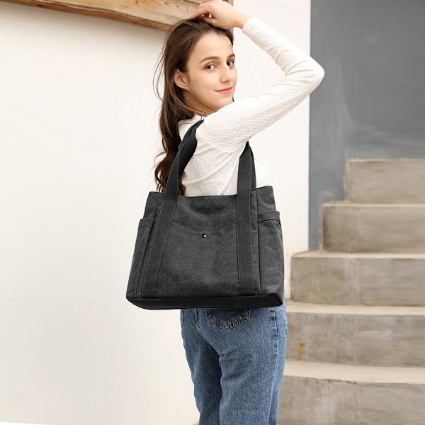 Damväska i Canvas med Flera Fack, Retro Casual Axelväska, Topphandtag, Satchel Tote Väska