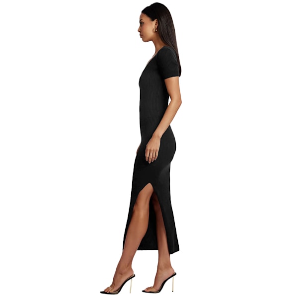 Kvindesort Side Split Dyb V-hals Bodycon Maxi Kjole Split Kort Ærme Aftenfest Lange Kjoler