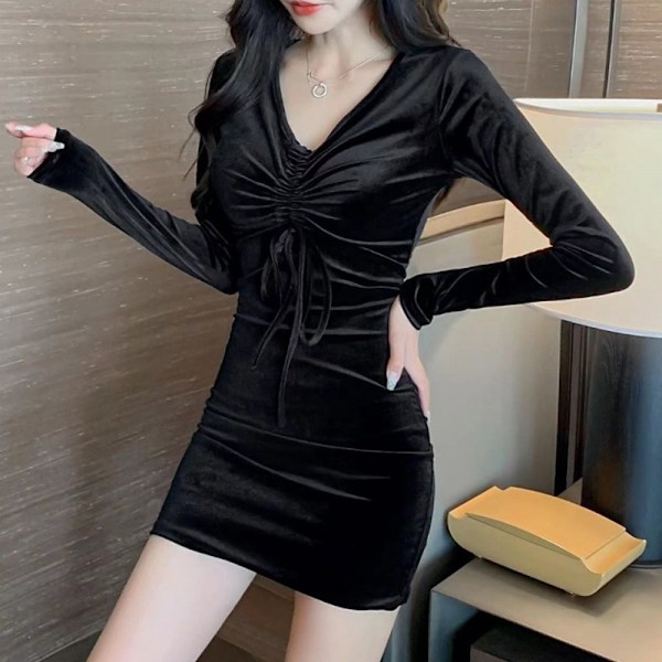 Sexy Kvinners Langærmet V-Hals Rynket Bodycon Mini Festkjole